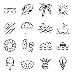 Seamless vector pattern with a set of beach icons, shells, and tropical leaves, perfect for a summer nature illustration