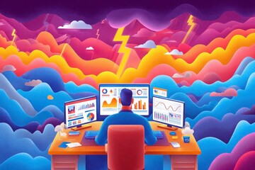 the image depicts a person sitting at a desk with three computer monitors displaying graphs