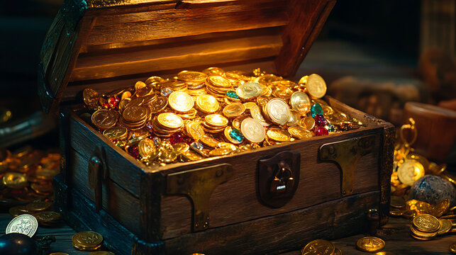  An open wooden treasure chest overflowing with shiny gold coins and jewels 