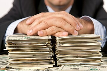 A man s hand resting on a table next to a large stack of cash in dollar bills ready for use.
