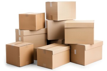 Neatly stacked eco friendly cardboard packaging boxes on a crisp white background