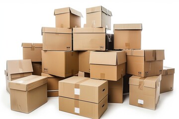 Eco friendly cardboard packaging boxes stacked neatly on a clean white background