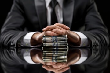 A man s hand resting on a table, surrounding a generous stack of dollar bills in cash.