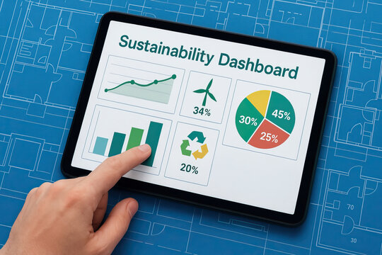 Sustainability dashboard on tablet screen shows charts and graphs highlighting waste management and sustainability efforts with finger pointing to bar graph for data analysis - Powered by Adobe