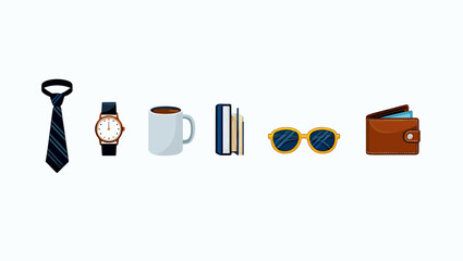 Essentials for men flat lay including tie, watch, coffee mug, books, sunglasses and wallet items style
