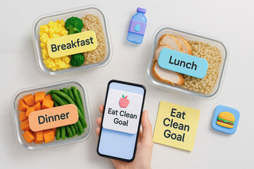 Healthy meal prep with breakfast lunch and dinner options promotes mental health and wellness by supporting clean eating goal for balanced nutrition and positive lifestyle habits