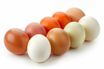 Brilliant fresh chicken eggs displaying a reflective surface against a crisp white background