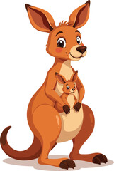 Cute baby kangaroo with its mother, a funny cartoon animal illustration isolated on white
