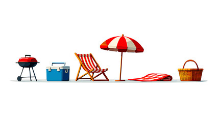 Illustration of picnic essentials for outdoor activities including grill and beach chair for summer fun