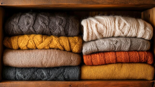 Colorful knitted sweaters are organized in a wooden drawer, ready for the winter season. - Powered by Adobe