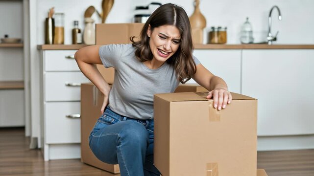 Young woman suffering back pain while lifting heavy moving boxes in home kitchen.