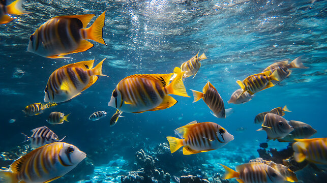  A chance encounter with a school of colorful fishes while snorkeling midjourney 