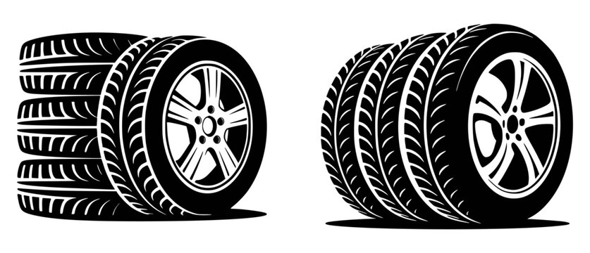Black car wheels stacked and side by side tire automotive