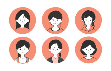 さまざまな髪型と服装の若い女性アイコンセット。10代から30代の人物イラストで、プロフィールやSNSなどに使える上半身のバストアップキャラクター素材｜若い女性,私服,髪型,上半身,バストアップ