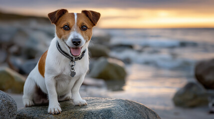 Happy Jack Russell Terrier on Beach at Sunset