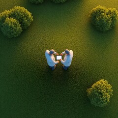 this high angle shot presents two figures in professional attire standing together in a field of tall, green grass