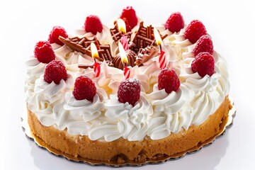 A stunning cake beautifully decorated with lit candles, isolated on a clean white background.