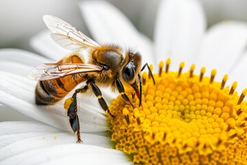 Close up of a bee collecting nectar from a colorful flower in the beauty of nature