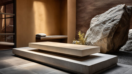 Minimalist Beige Rectangle on Stone Pedestal – Warm-Toned Wall & Rough Rock Contrast, Organic-Meets-Modern Aesthetic with Soft Shadow Textures