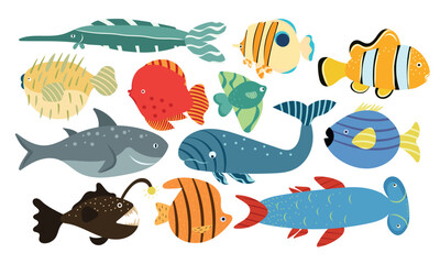 Colorful cartoon fish collection with different sea animals in a flat style. Bright and playful marine creatures set on a white background, perfect for children’s illustrations, aquatic-themed designs