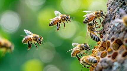 Close up of bees transporting nectar to hive for honey production and pollination efforts