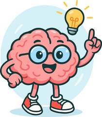 Brain Idea: A whimsical illustration of a cheerful brain with glasses, radiating creativity, innovation, and the birth of an idea with a glowing light bulb.