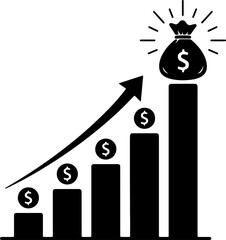 Financial Ascent: Conceptual illustration symbolizing financial growth, with an upward-trending graph crowned by a glowing money bag.