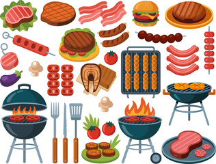Grill Culinary Feast: A vibrant and appetizing arrangement of grilled meats, vegetables, and barbecue tools, perfect for a summery gathering, illustrated with a sense of flavor and cookery.