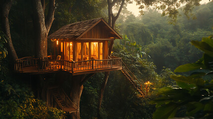  A secluded wooden treehouse tucked high within lush forest branches 