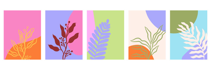 Set of hand drawn abstract backgrounds with tropical leaves illustration.