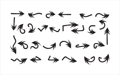 Modern grunge black arrow set with curved, pointed, abstract shapes on clean white background
