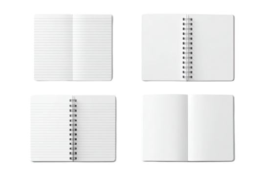 Four open spiral-bound notebooks with lined paper