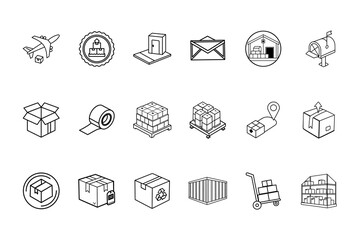Collection outline icons for shipping delivery services transport logistics