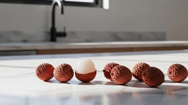 Sunlit Lychees A Still Life of Exotic Fruit on a Modern Kitchen Counter.