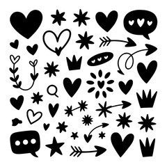 Fototapeta premium Romantic Doodle Collection: A playful black and white illustration featuring hearts, stars, crowns, arrows, and speech bubbles, perfect for design projects.