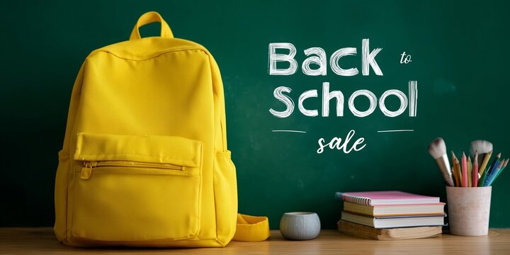 Bright yellow backpack displayed in a classroom setting with back to school sale promotion on a chalkboard - Powered by Adobe