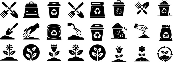 Gardening Tools Collection: A monochrome collection of gardening icons, showcasing various tools, compost bins, seed bags, shovels, forks and more, perfect for illustrating gardening concepts.
