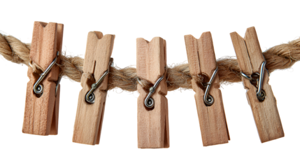 Wooden clothespins on a rope rustic laundry line natural fiber