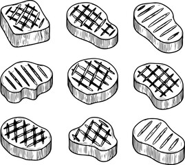 Grill Marks on Meat: A collection of various cuts of cooked meat showcasing distinct grill marks. A culinary illustration