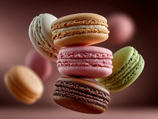 Stack of macarons floating apart, pastel tones, soft sweet background, airy light