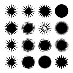 Fototapeta premium Geometric Starburst Collection: A set of 15 monochrome vector illustrations featuring various starburst designs, perfect for design projects needing a burst of visual interest.