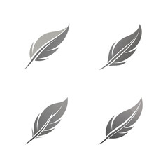 Four stylized gray feathers arranged in a grid on a white background