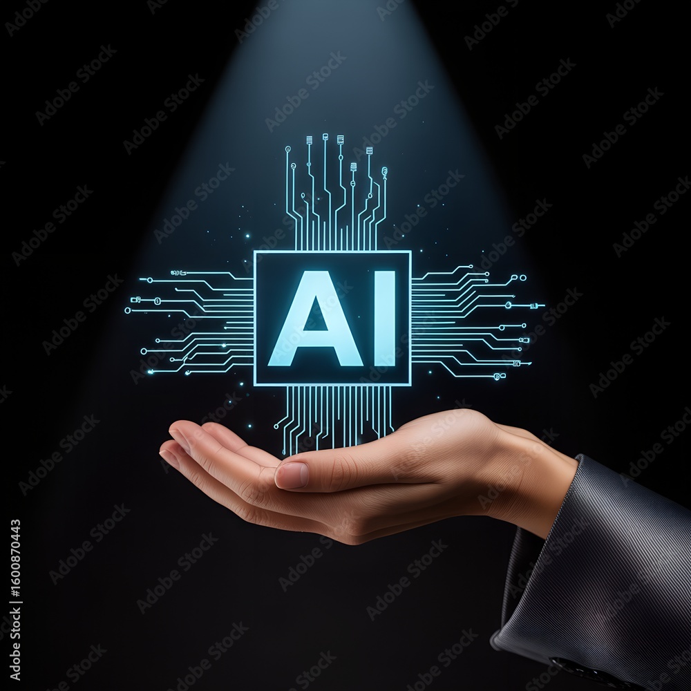 Aufkleber artificial intelligence concept glowing ai chip in hand future technology and machine learning innov