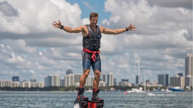 Enjoying flyboarding in the city skies