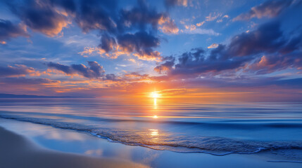 A serene sunset over the sea with scattered clouds