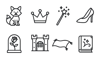 Fototapeta premium Fairy Tale Icons. Outline vector icons of fairy tale illustrations: talking animal, golden crown, magic wand,