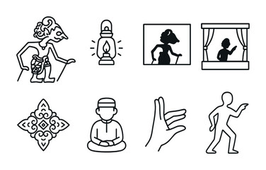 Shadow Puppetry Icons. Outline vector icons of storytelling through shadow puppetry: puppet figure, lantern