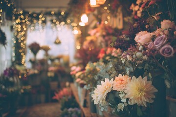 A beautiful display of flowers in a shop, featuring roses, dahlias, and greenery with soft, warm lighting creating a romantic atmosphere.