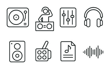 DJ Music Icons. Outline icon set of DJ and music for dancing: turntable, DJ booth, sound mixer, headphone set,