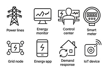 Smart Grid Icon Set. Outline icon set of smart grid infrastructure: power lines, energy monitor, control